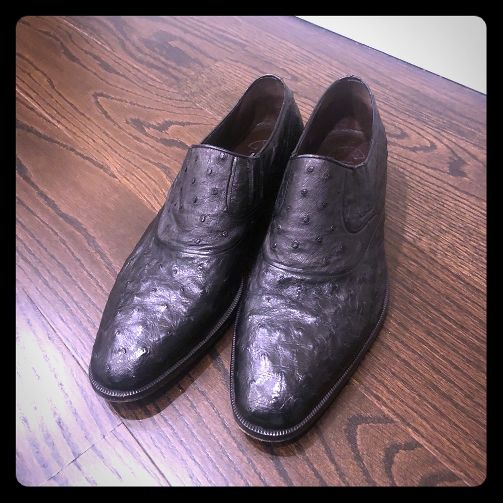 Black ostrich leather loafers. Made in Italy.